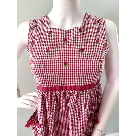 Vintage Pink Gingham Tulip Cottagecore Dress Sleeveless Midi Bow Pockets JR S - Picture 7 of 7